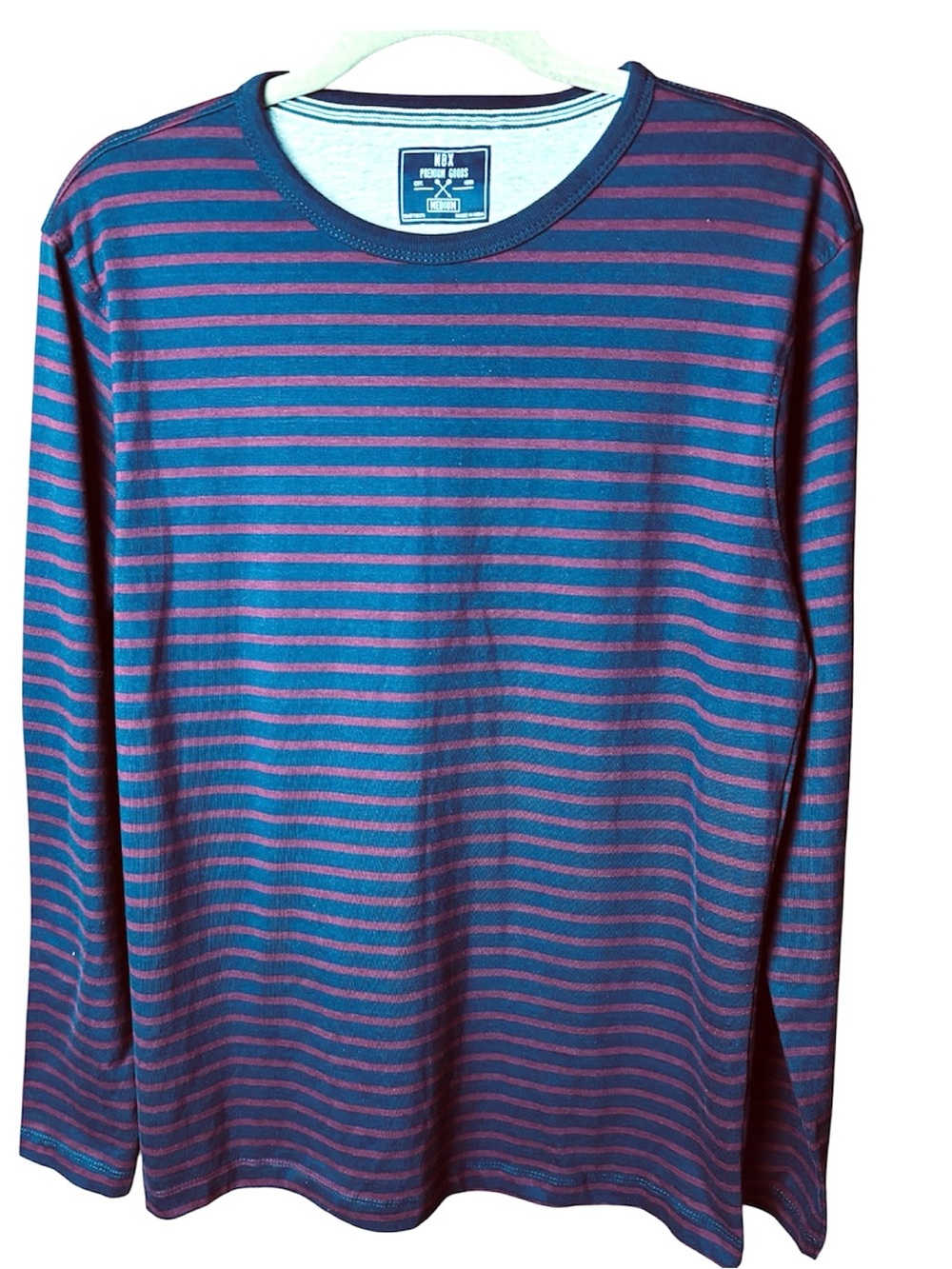 Women's MBX long-sleeve crewneck shirt in soft cotton with striped pattern.